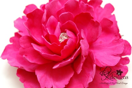 Made To Order - CLAYCRAFT by DECO Fuchsia Pink Peony Hair Flower with Rhinestone Center