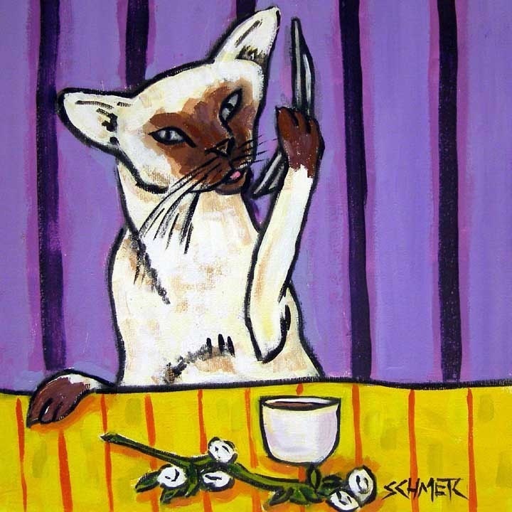 Siamese Cat Talking on a Cell Phone Art Tile Coaster