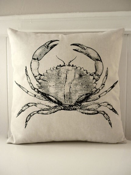 Vintage Crab silk screened cotton canvas throw pillow 18 inch black