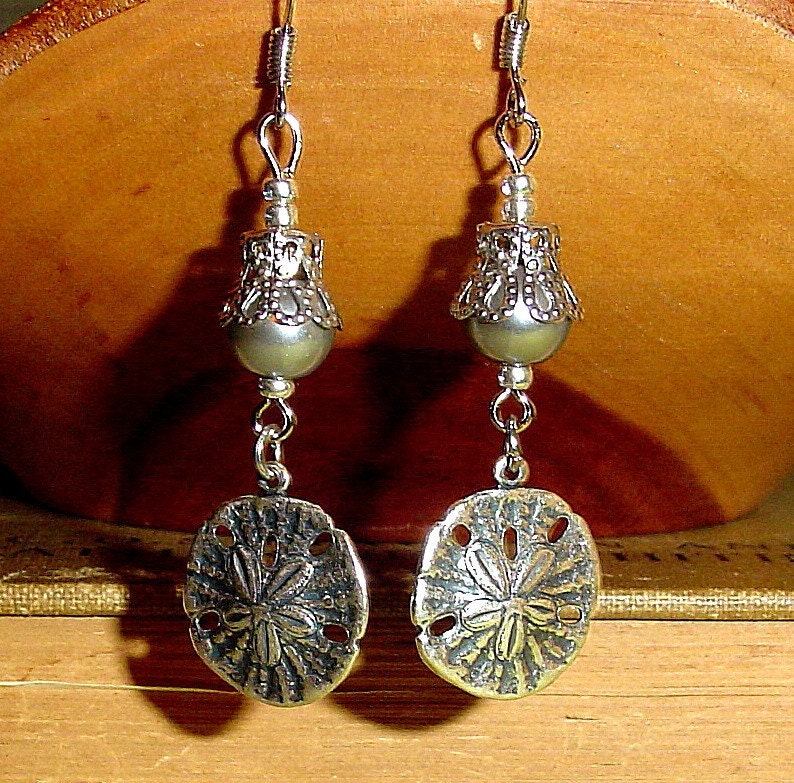 Silver sand dollar earrings with gray glass pearls