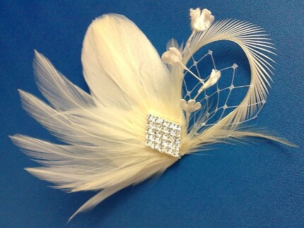 Art Deco Feather Fascinator Crystal  Ivory White Champagne LOVE - CUSTOM