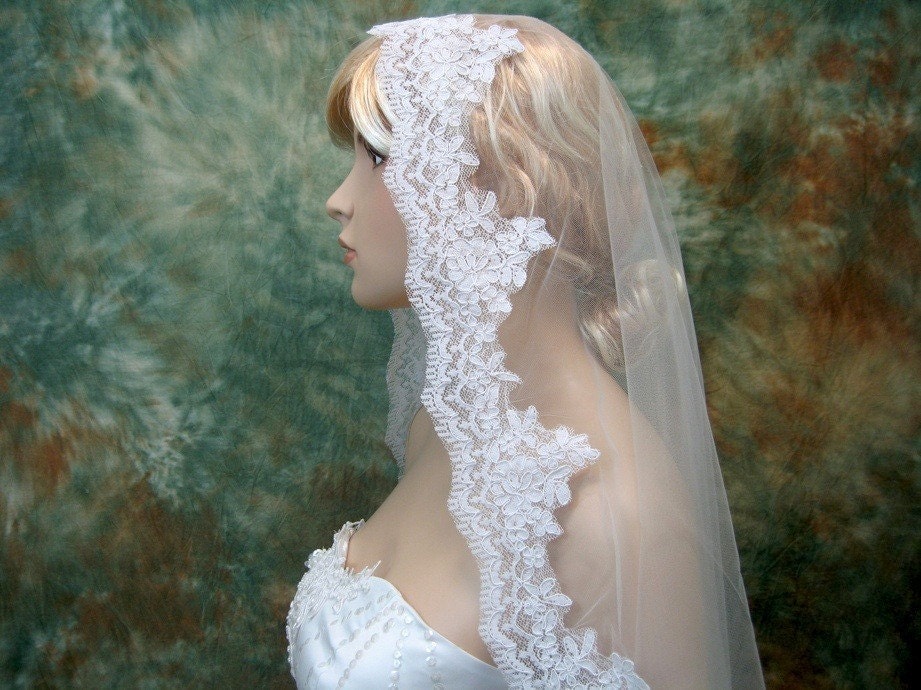 Mantilla bridal wedding veil alencon lace white fingertip
