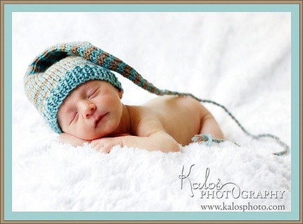 FEATURED WWW PARENTS COM - Custom Knit - Funky Newborn Baby Munchkins Hat - Stocking Cap - aqua blue and warm brown taupe stripes with cord and tassle