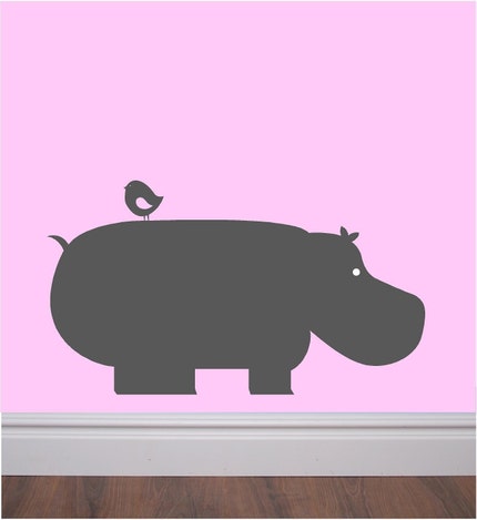 Vinyl wall decal - cute hippo with bird on back - great for nursery, play room