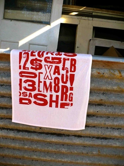 RED Urban Type Screenprinted Cotton Tea Towel