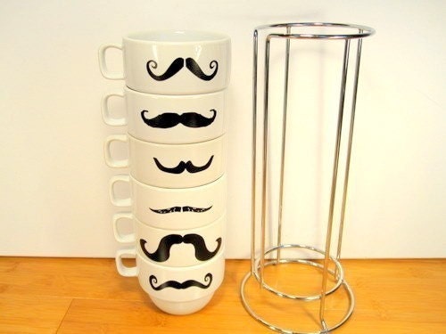 Upcycled Modern Stacking Mustache Mugs With Holder - White
