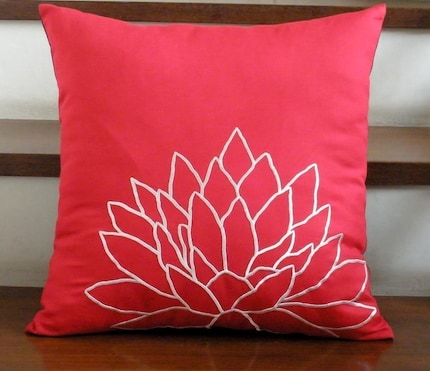Red and White Lotus Embroidery Pillow Cover