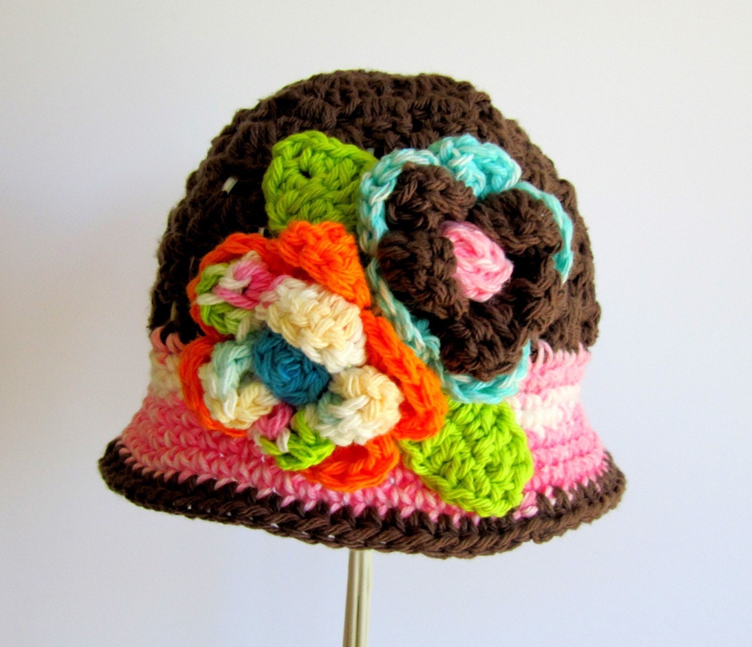CHOCOLATE PINK CROCHET CLOCHE FLOWER HAT - ANY SIZE