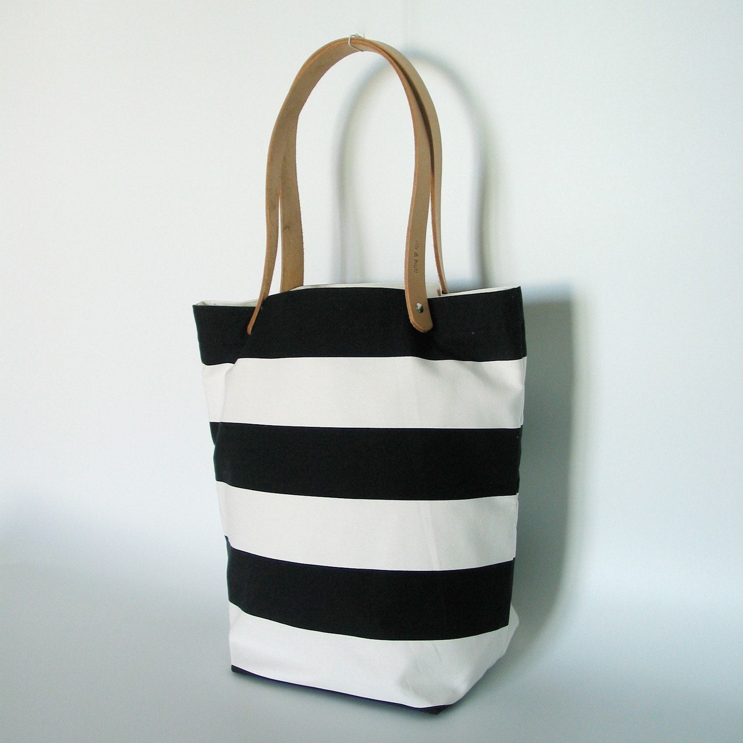 Striped Tokyo Tote - Black and White Horizontal Wide Stripe  - Natural Leather Straps