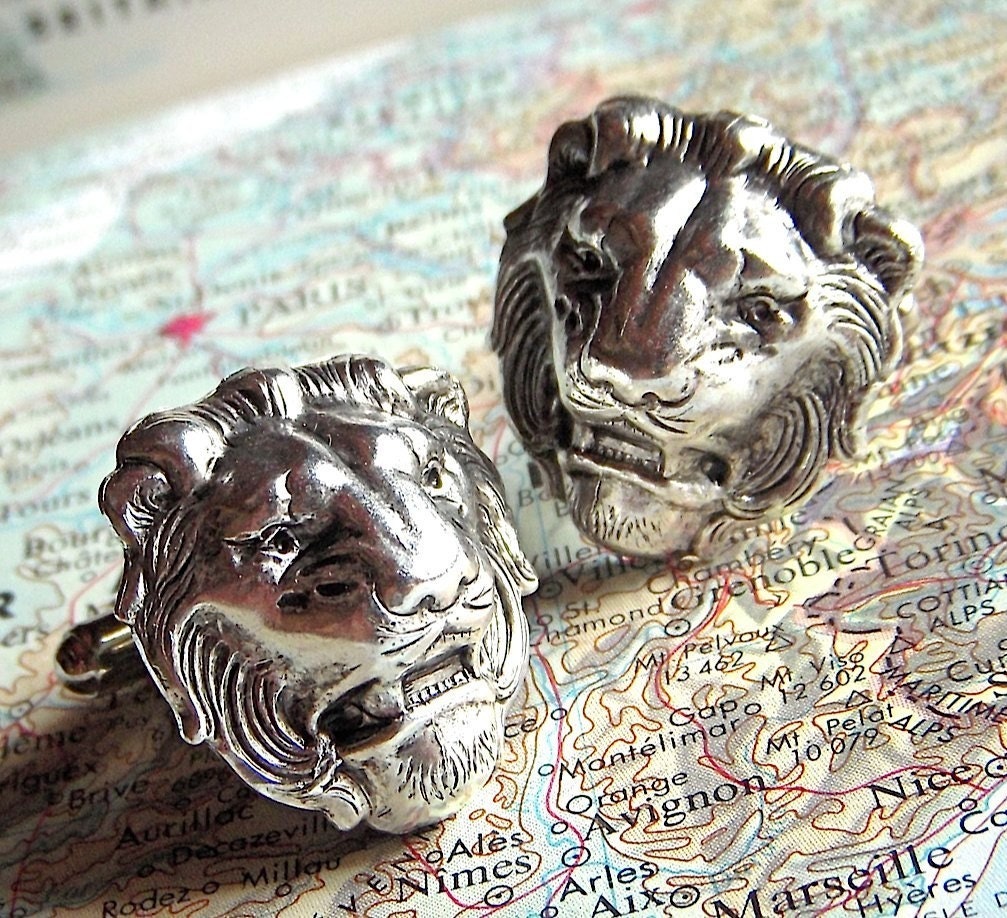 Cufflinks - SILVER Lion Heads - BIG and BOLD Victorian Regal Gothic Cuff Links