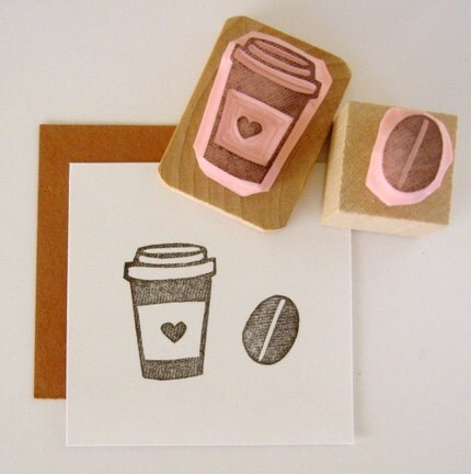 Coffee Cup and Coffee Bean Hand Carved Rubber Stamp Set