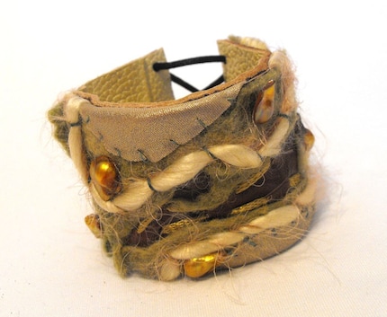 leather bracelet. Mixed media leather, textile and pearl beads leather cuff