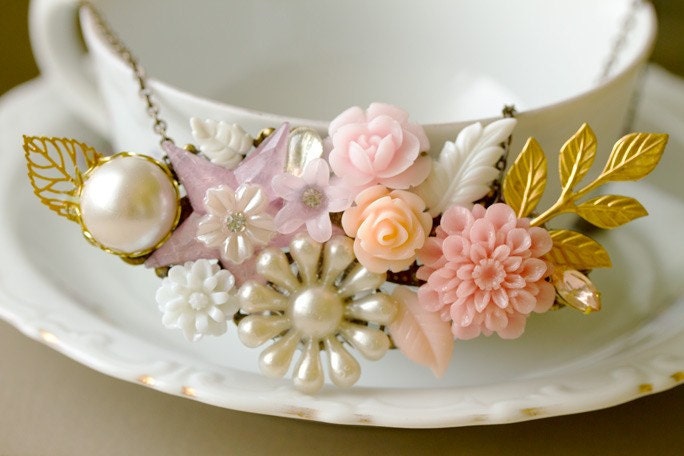 Pink Dahlia Vintage Collage Necklace