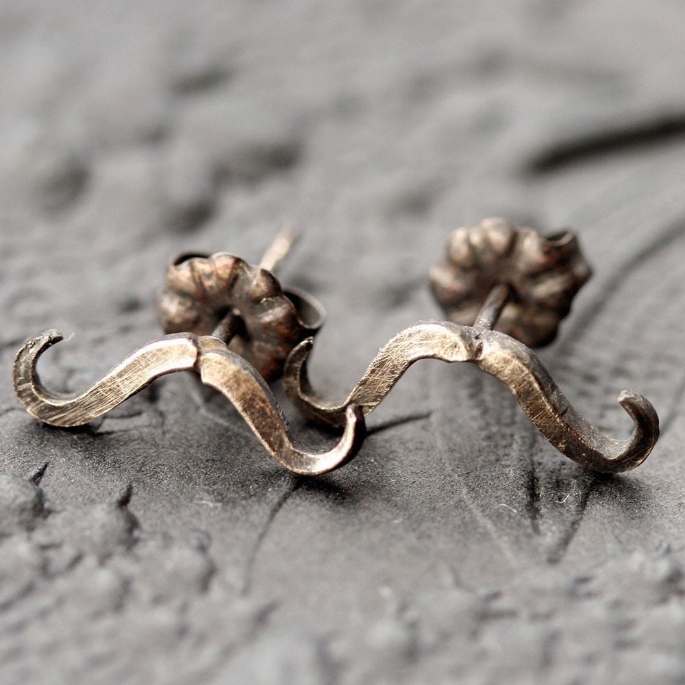 Tiny mustache earrings hand forged oxidized sterling silver