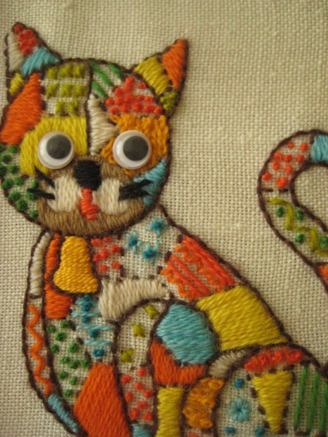 Vintage Multicolored Crewel/Embroidered Cat, with Googly Eyes, Framed