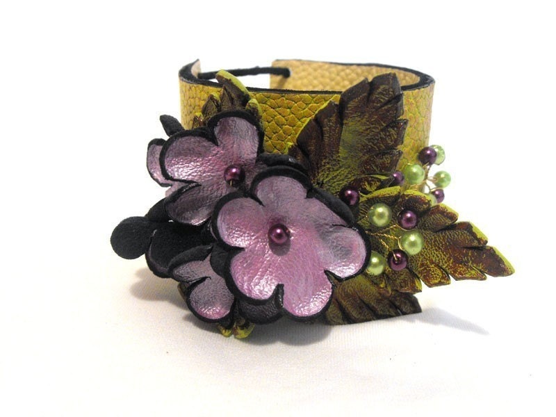 Leather bracelet. Branch green and violet leather floral cuff