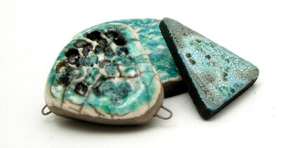 2 Raku Ceramic Cabochons, 1 Connector Bead SALE Jewelry Supplies Handmade by MAKUstudio