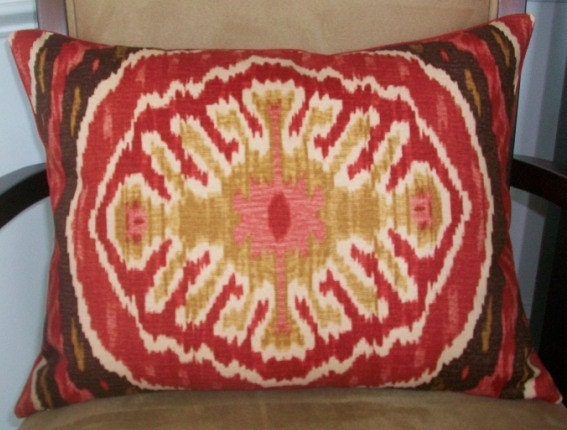 NEW Decorative Designer Lumbar  Pillow Cover 14X18 - DURALEE IKAT Print in Red, Brown and Taupe on a Creme Background
