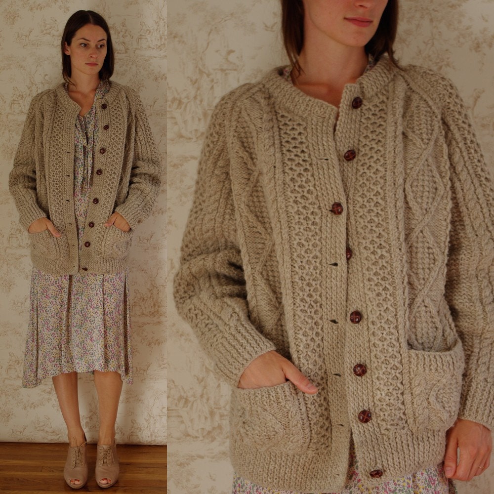 Vintage Oversized Chunky Irish Cable Knit Cardigan Sweater Jacket, S, M, L