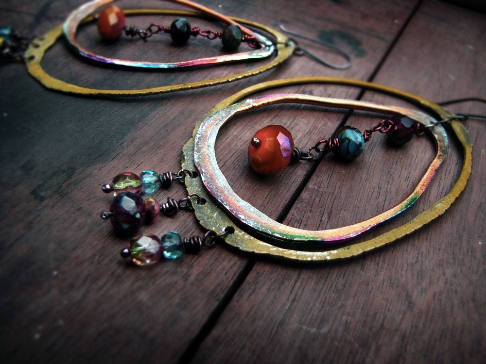 radiant Sun - tribal salvage hoop earrings - recycled metal and Czech glass beads
