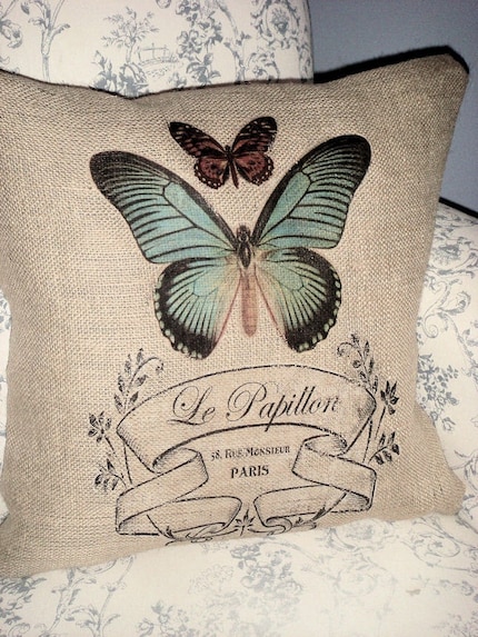 Large Le Papillon French Butterfly Burlap Pillow Cover
