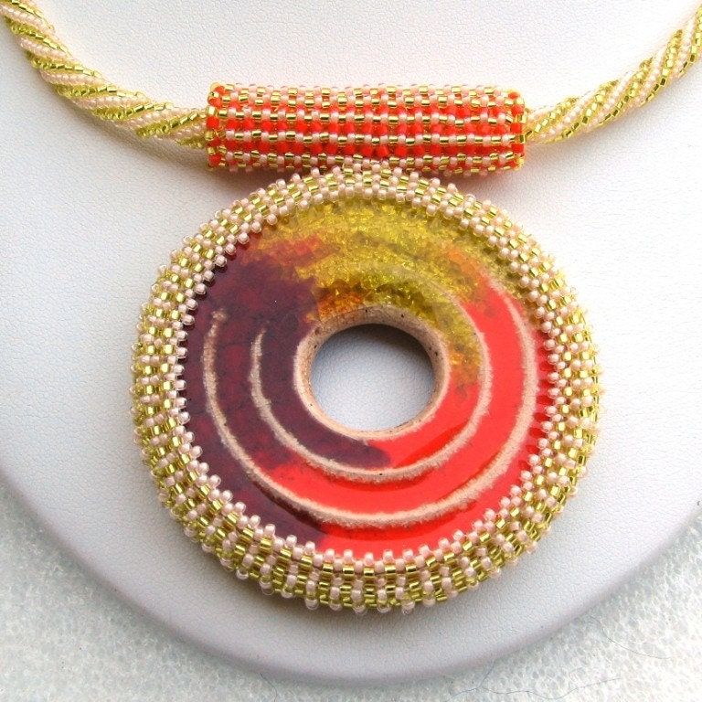The Citrus Springs - A Beadwoven Necklace with Stoneware Donut Focal (2517)