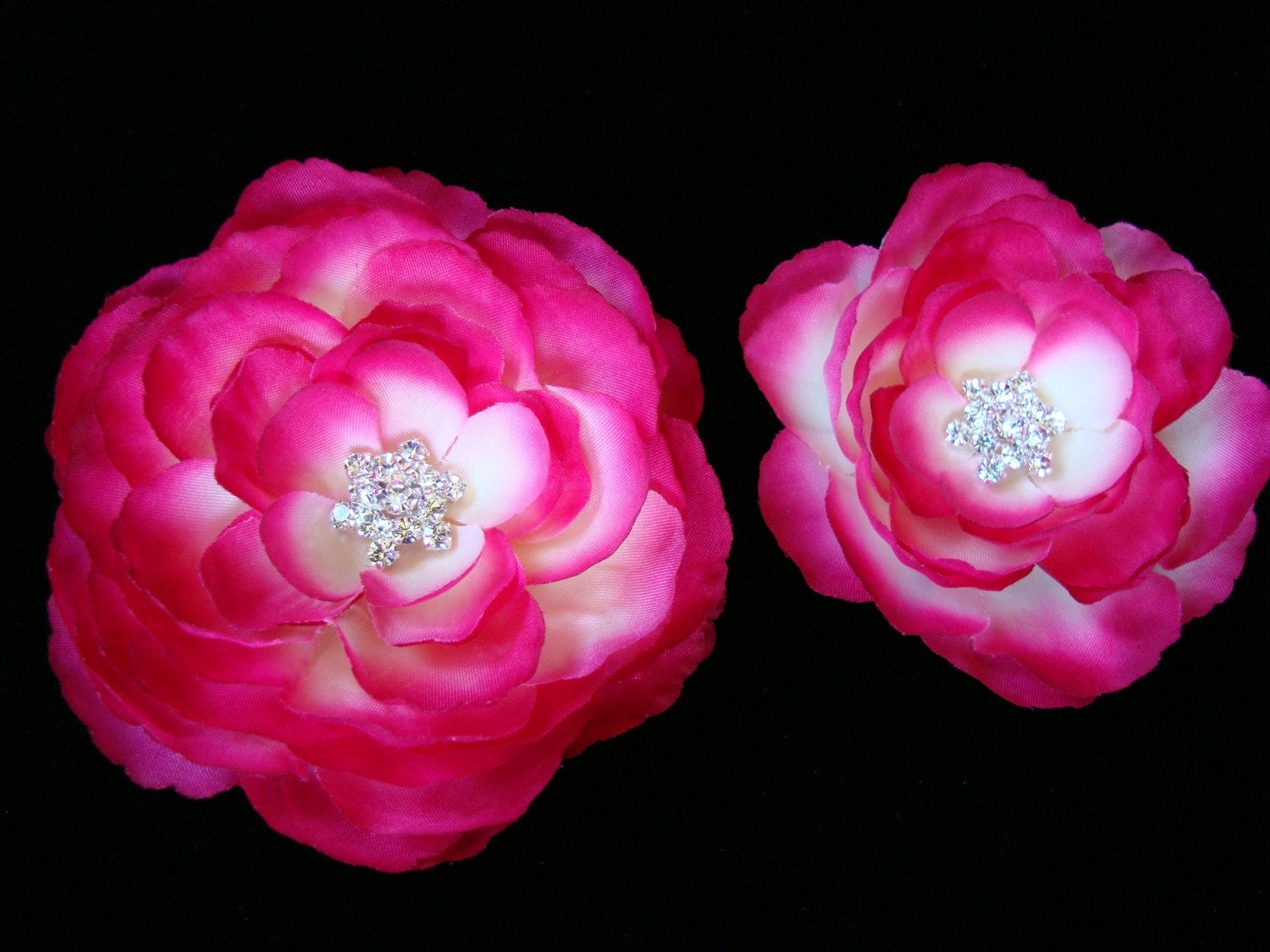 Set of 2 Fuchsia Pink Silk Flowers with Rhinestone Centerpiece Hair pins / Clips / Shoe clips