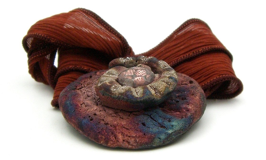 Rustic Rust Raku Ceramic Pendant Raku Jewelry Handmade   by MAKUstudio
