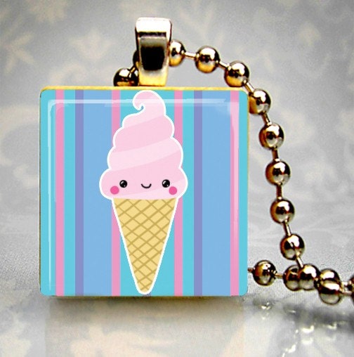 Cute Ice Cream Cone Wood Tile Domed Resin Pendant BUY 2 GET 1 FREE (4437)