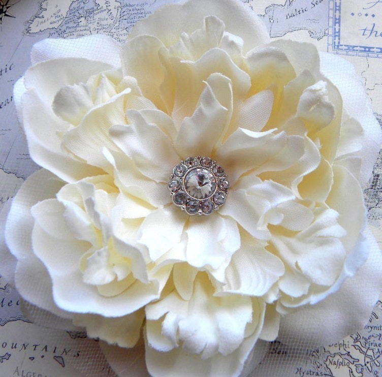 Grace II Ivory Peony Bridal Hair Flower with Diamond Center