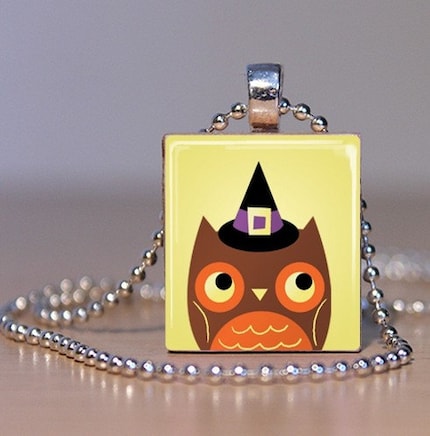 ONE DAY ONLY SALE! Witch Owl Halloween Scrabble Tile Pendant
