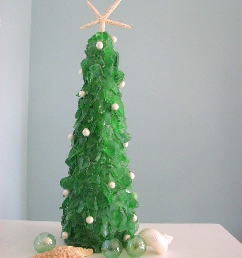 Christmas Tree of Sea Glass and Pearls w Starfish Topper, Green