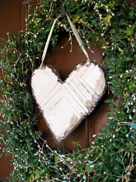 LOVE THIS Cream Heart made with Antique Ceiling Tin Tile  // READY TO SHIP //