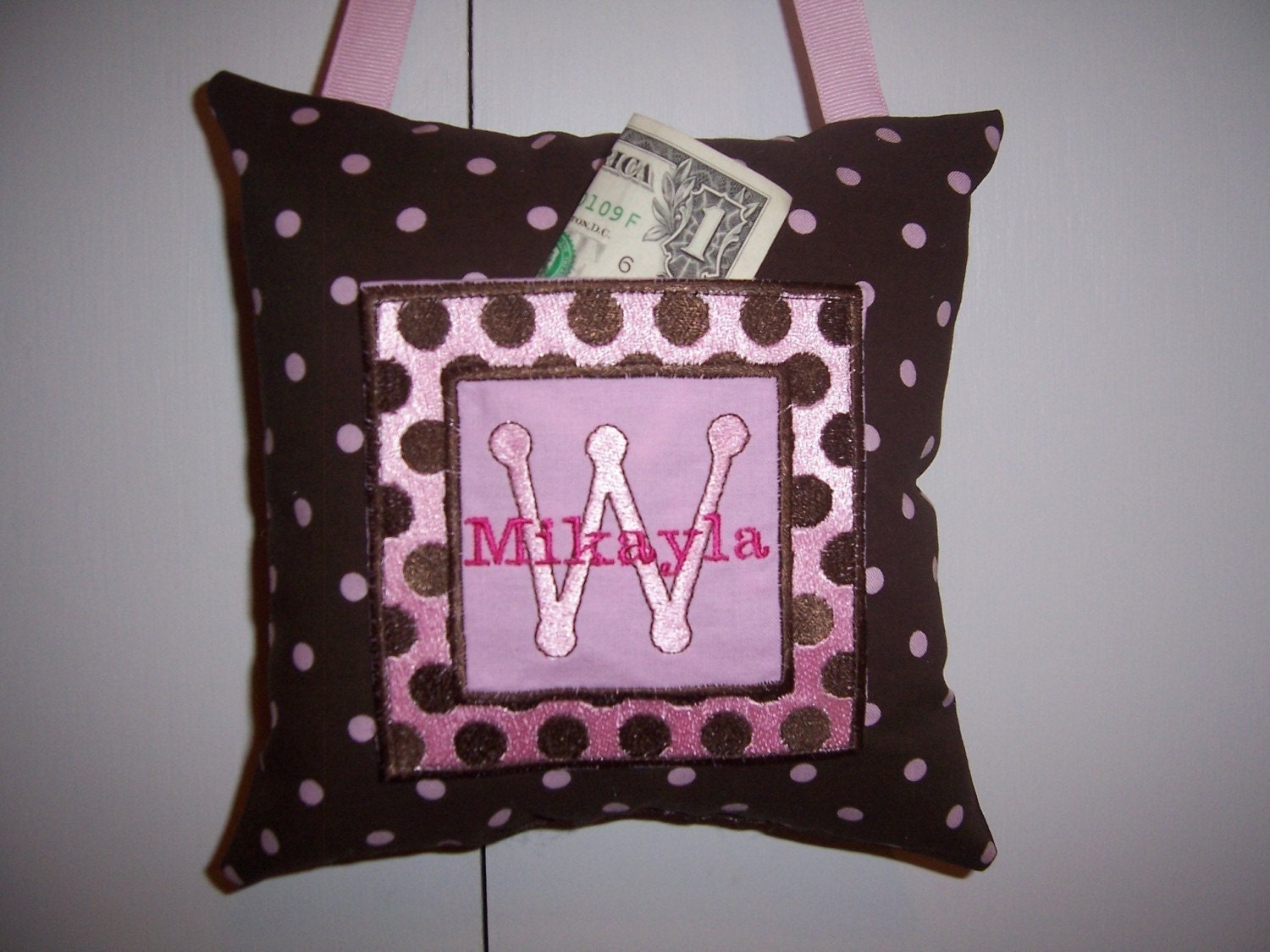 Brown/Pink Polka Dot Tooth Fairy Pillow  - FREE SHIPPING