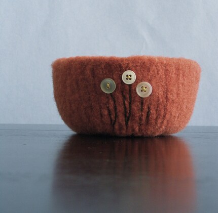 fall harvest - fuzzy felted persimmon orange wool bowl with three white flowers