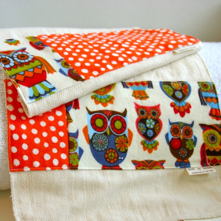 Organic Unbleached Cotton Burp Cloths- Retro Owls