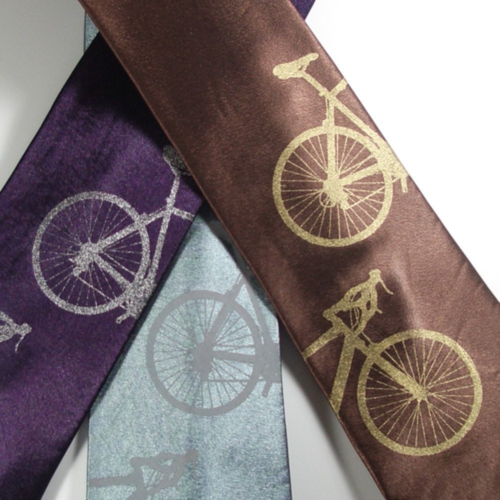 Bicyclette - hand screened bicycle silk necktie in three color choices, ready to ship