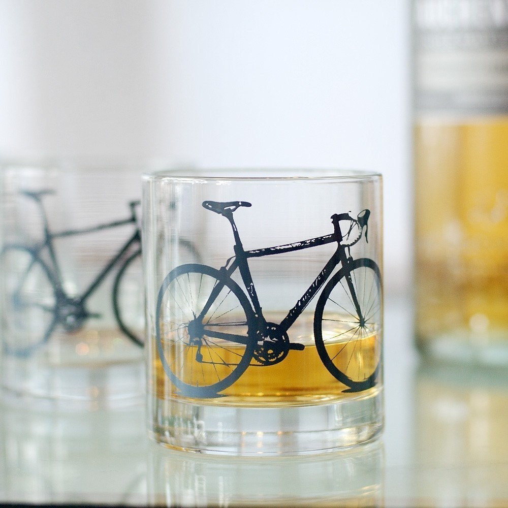 Vital Bicycle, screen printed glassware, charcoal, set of 2 old fashioned glasses
