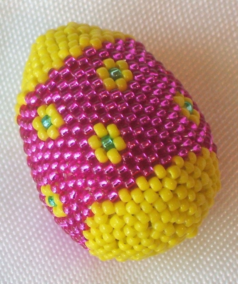 Beaded Spring Easter Egg Bright Pink Yellow Flowers Peyote Stitch
