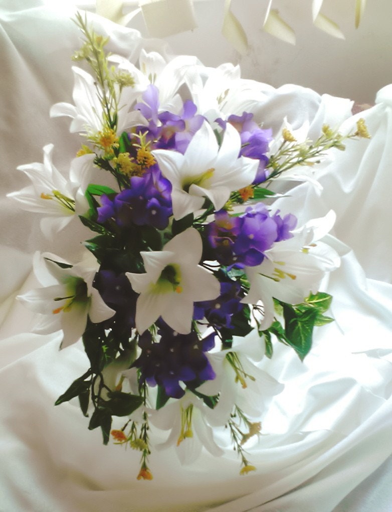 Lily and Hydrangea Cascade Silk Bridal Bouquet Free Shipping