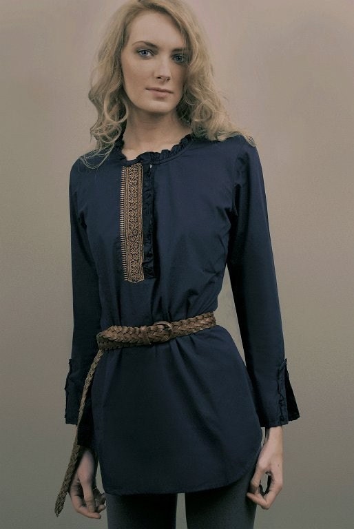Navy Blue Long Sleeve Tunic with Copper Embroidery now on Sale