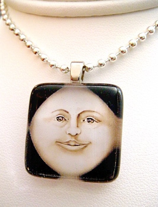 BUY 2 GET 1 FREE Handmade Recycled Glass Image Pendant THE MAN IN THE MOON with 24 inch Ballchain Necklace