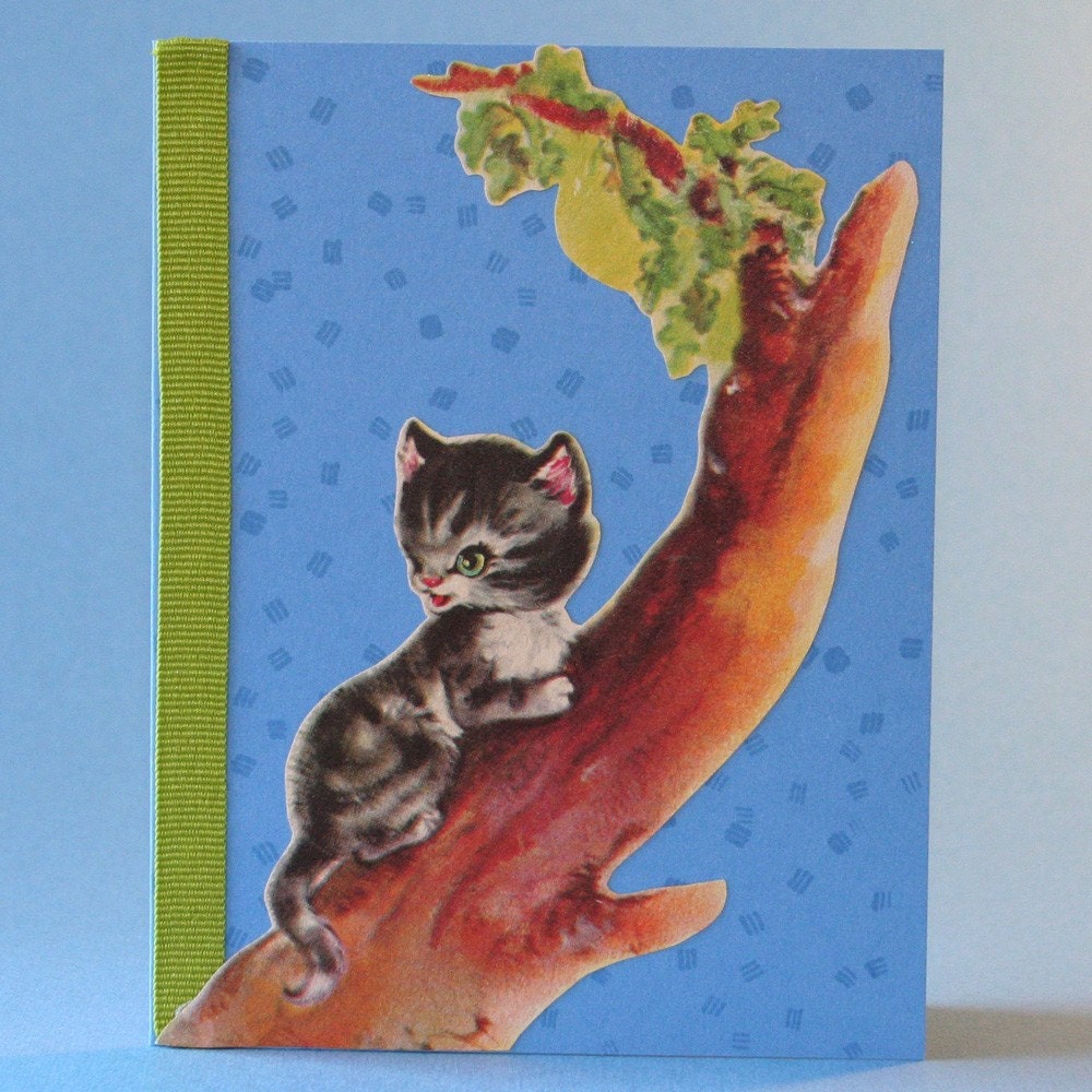 SALE Children's Greeting Card, Kitten Climbing Tree, Vintage Storybook Image