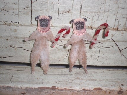 Set of 3 Vintage Style PUG DOG w/ CANDY CANE Chenille Christmas Ornaments