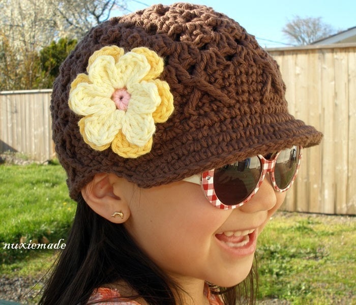 2T-4T, Flower Beanie with Brim , brown, yellow, lemon, pink