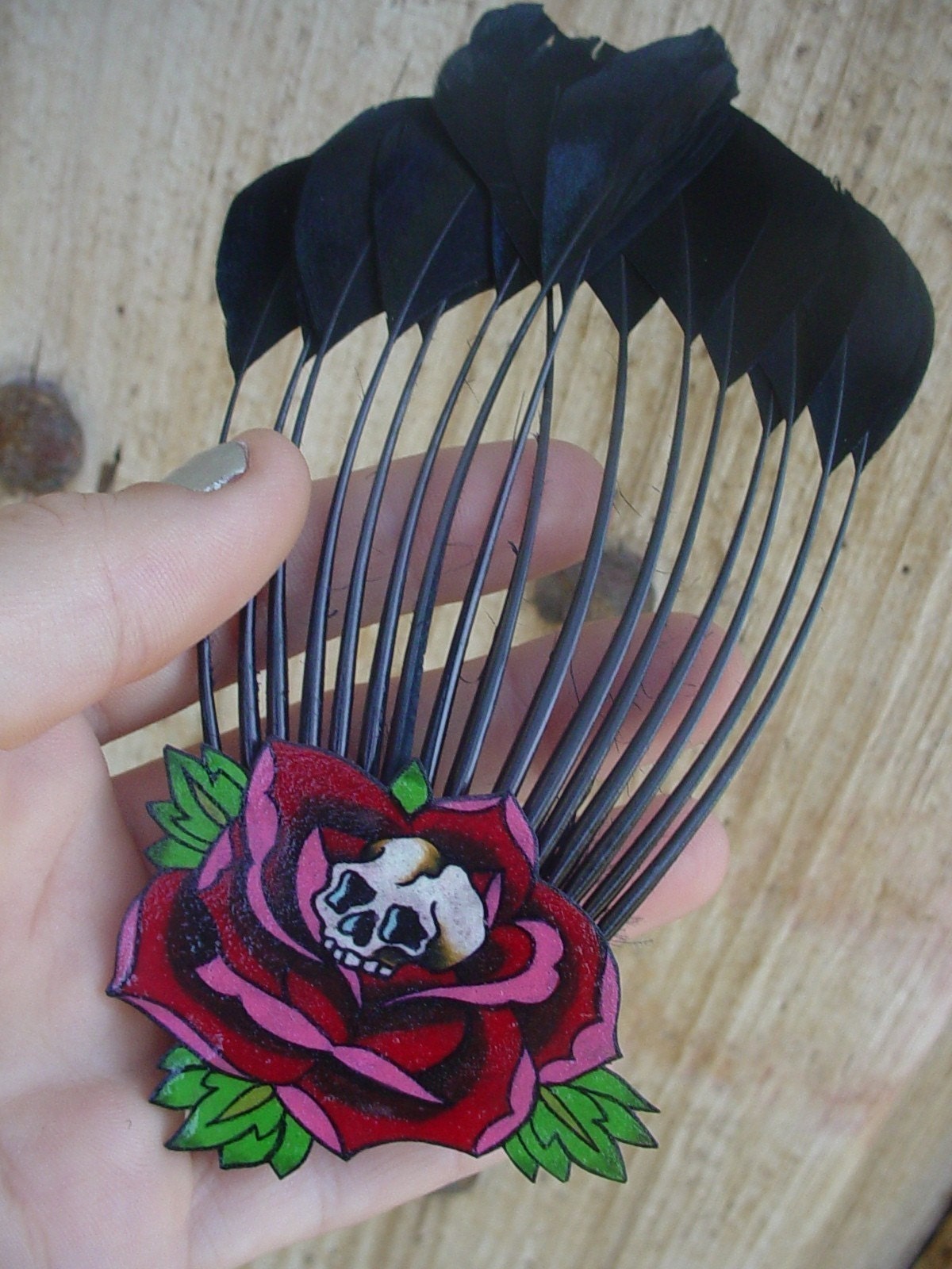 vintage tattoo skull and rose burlesque hair pin with black feathers