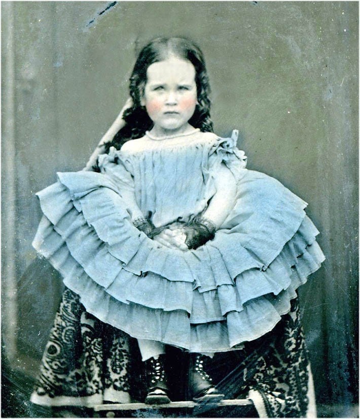 Painted Tintype Little Ruffle Dress Girl in Blue Card