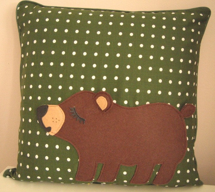 Ficus the Lil' Bear Cub Green Polka Dot Cotton Home Decorative Pillow