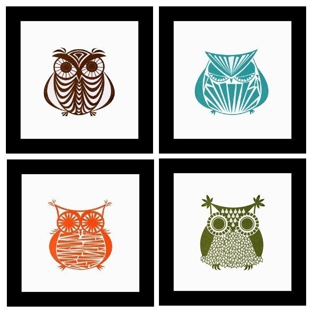 FREE MATCHING Coaster Set with Purchase  -  Owl Gocco Print Set No. 3  -  Four NEW Owls handprinted by Kerry Beary