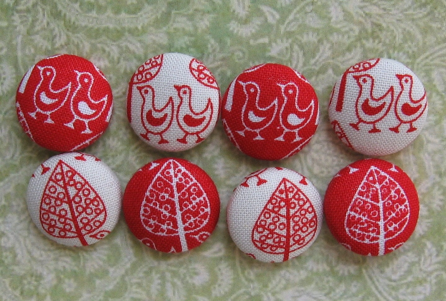 Fabric Covered Buttons        - Red and White Folk Print - Birds and Trees